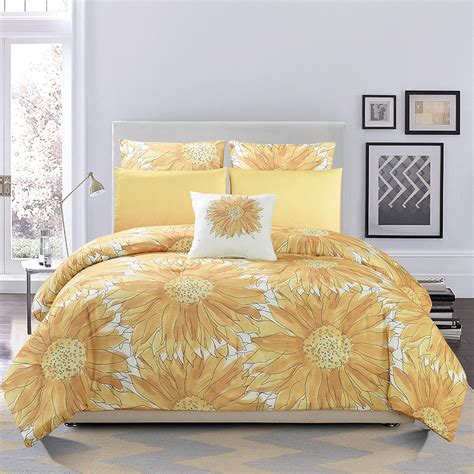 AILONEN Sunflower Comforter Set Queen Size, Black and White Striped Flower Bedding Set,Superior Yellow Flower Bed Set,Printed Stripe Quilt,Pillow Case,Microfiber Fabric. . Sunflower comforter